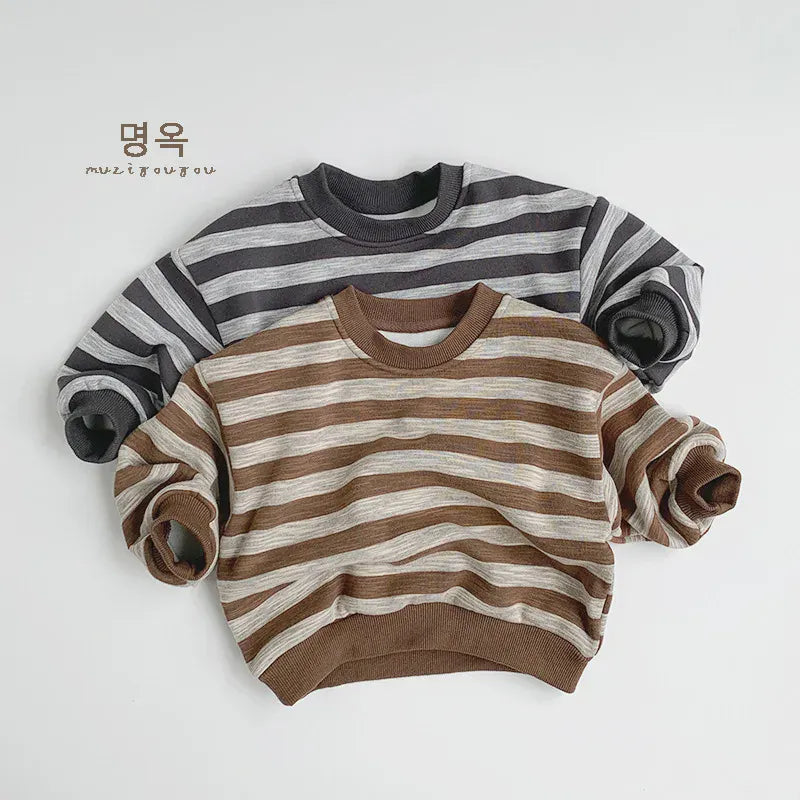 トレーナー・フーディ キッズトップス ボーダー裏フリース長袖スウェットシャツトレーナー【mh0007764】