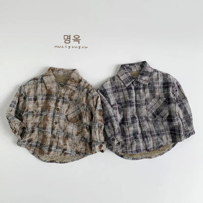 長袖シャツ・ブラウス キッズトップス レトロチェック裏フリース長袖シャツ【mh0008393】