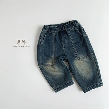 デニムパンツ キッズパンツ 裏フリース防寒ルーズデニムパンツジーンズ【mh0008399】
