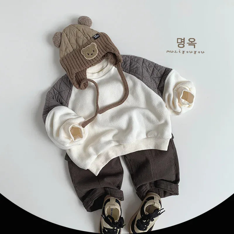 トレーナー・フーディ キッズトップス 裏フリースキルティングパッチワーク長袖スウェットトレーナー【mh0008400】