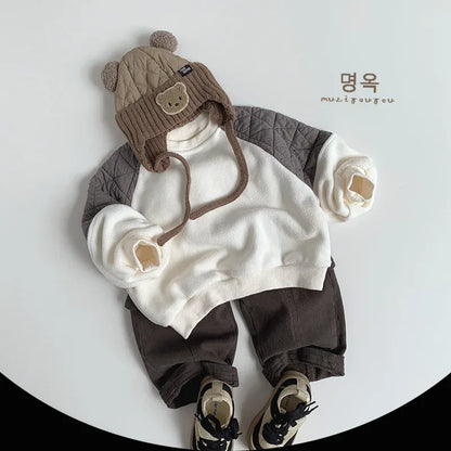 トレーナー・フーディ キッズトップス 裏フリースキルティングパッチワーク長袖スウェットトレーナー【mh0008400】