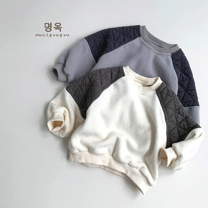 トレーナー・フーディ キッズトップス 裏フリースキルティングパッチワーク長袖スウェットトレーナー【mh0008400】