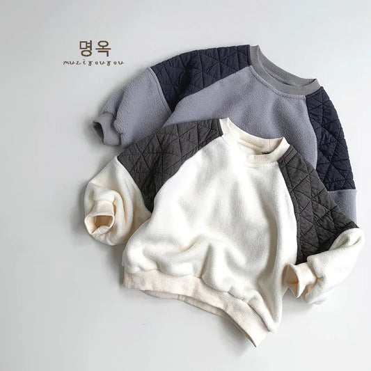 トレーナー・フーディ キッズトップス 裏フリースキルティングパッチワーク長袖スウェットトレーナー【mh0008400】