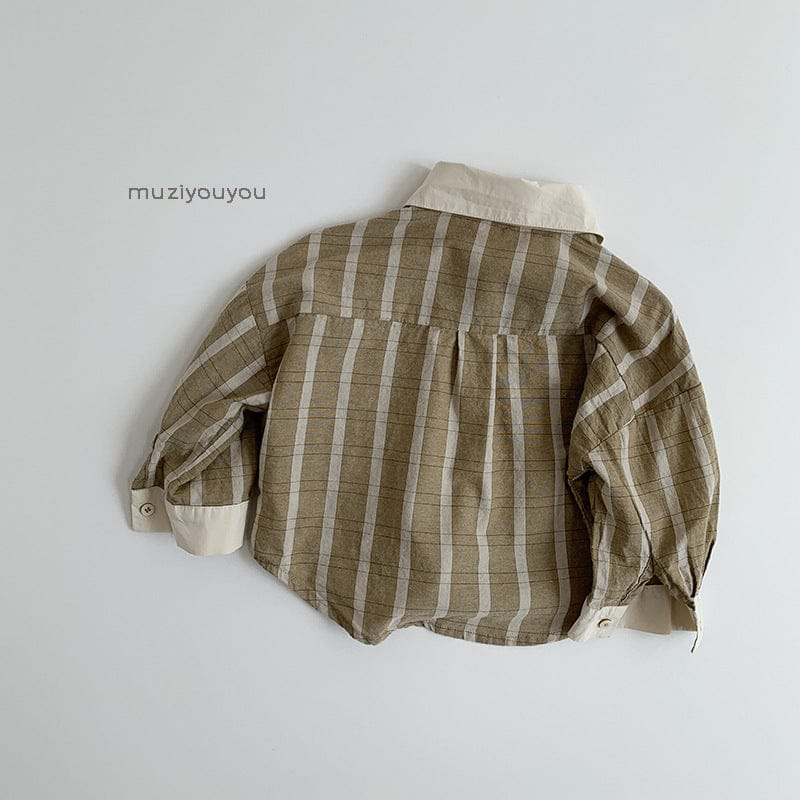 長袖シャツ・ブラウス ストライプパッチワーク長袖シャツ【mh0009594】