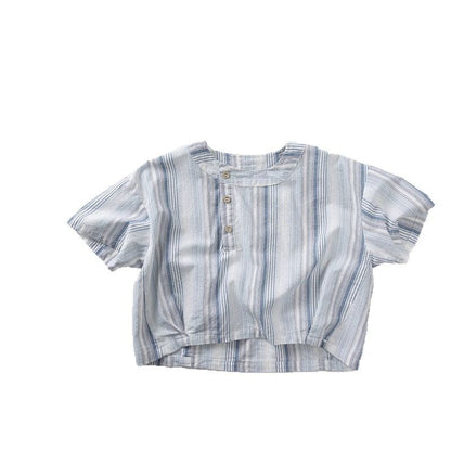 半袖シャツ・ブラウス ストライプアシメボタンノーカラー半袖シャツ【mh0009818】
