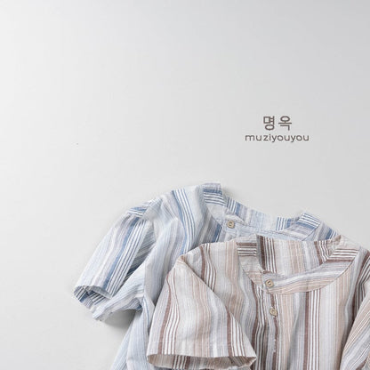 半袖シャツ・ブラウス ストライプアシメボタンノーカラー半袖シャツ【mh0009818】