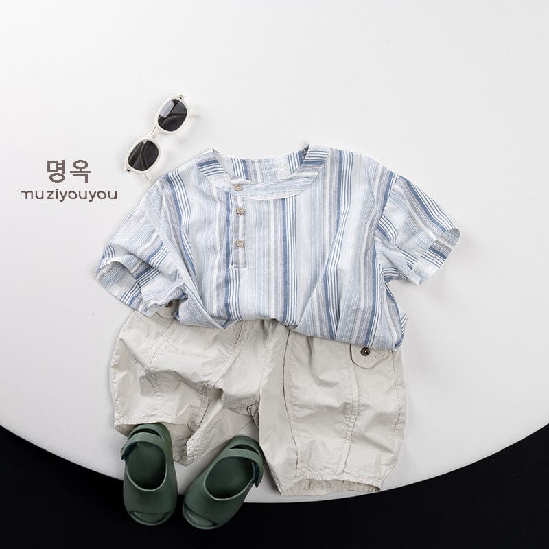 半袖シャツ・ブラウス ストライプアシメボタンノーカラー半袖シャツ【mh0009818】