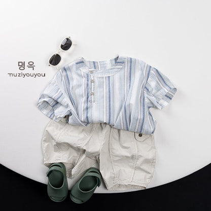 半袖シャツ・ブラウス ストライプアシメボタンノーカラー半袖シャツ【mh0009818】