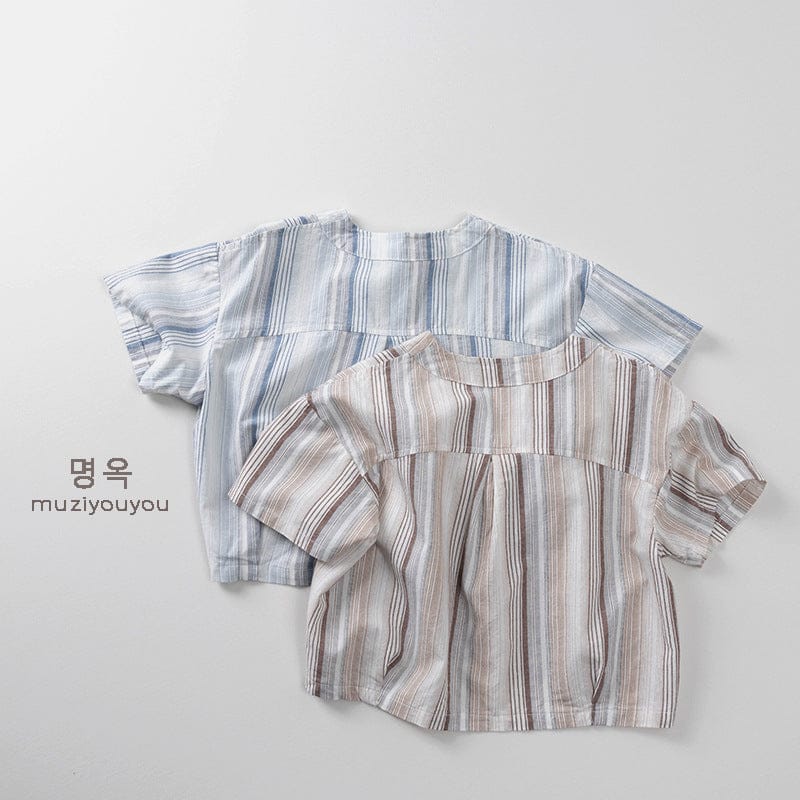 半袖シャツ・ブラウス ストライプアシメボタンノーカラー半袖シャツ【mh0009818】