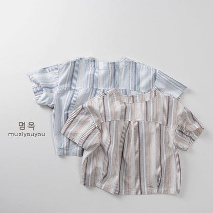 半袖シャツ・ブラウス ストライプアシメボタンノーカラー半袖シャツ【mh0009818】