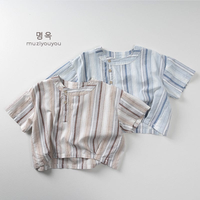 半袖シャツ・ブラウス ストライプアシメボタンノーカラー半袖シャツ【mh0009818】