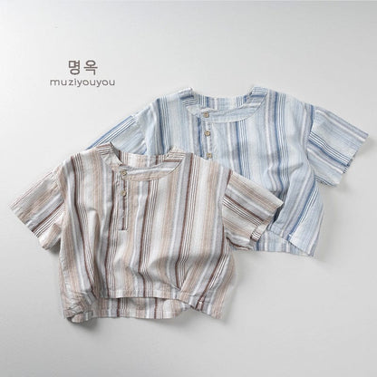 半袖シャツ・ブラウス ストライプアシメボタンノーカラー半袖シャツ【mh0009818】