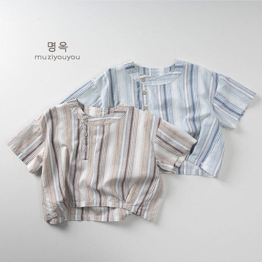 半袖シャツ・ブラウス ストライプアシメボタンノーカラー半袖シャツ【mh0009818】