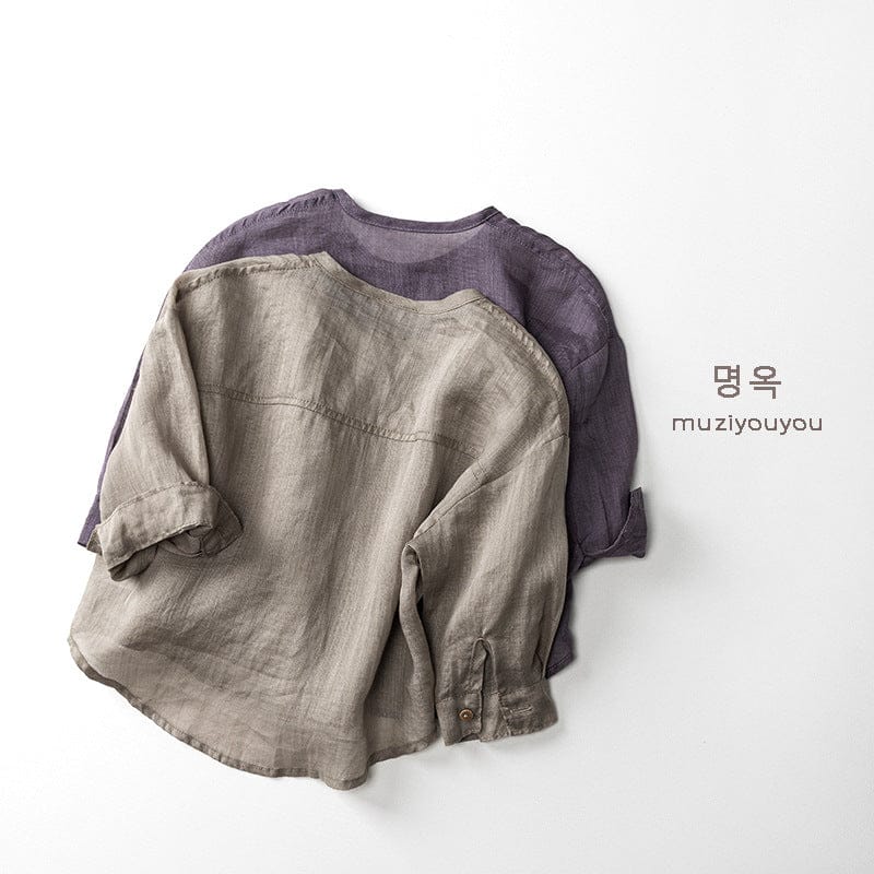 長袖シャツ・ブラウス ノーカラーシンプル薄手長袖シャツ【mh0010477】