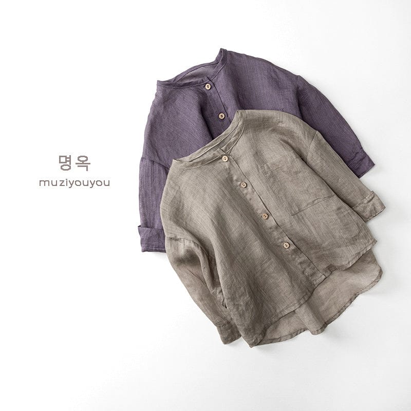 長袖シャツ・ブラウス ノーカラーシンプル薄手長袖シャツ【mh0010477】