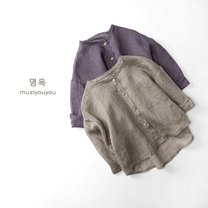 長袖シャツ・ブラウス ノーカラーシンプル薄手長袖シャツ【mh0010477】