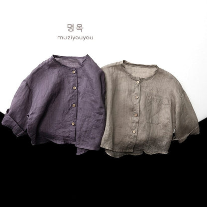 長袖シャツ・ブラウス ノーカラーシンプル薄手長袖シャツ【mh0010477】