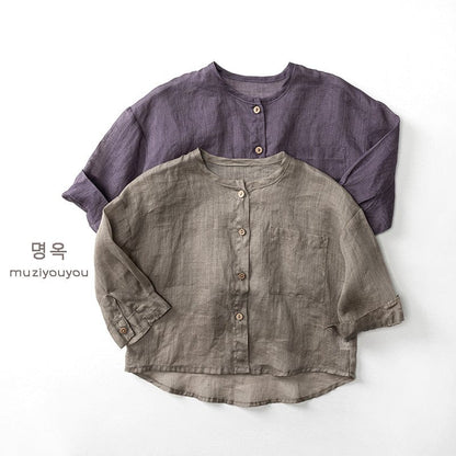 長袖シャツ・ブラウス ノーカラーシンプル薄手長袖シャツ【mh0010477】