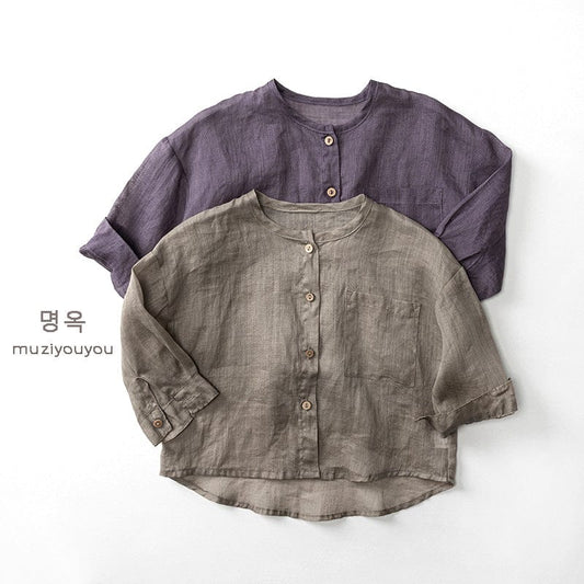 長袖シャツ・ブラウス ノーカラーシンプル薄手長袖シャツ【mh0010477】