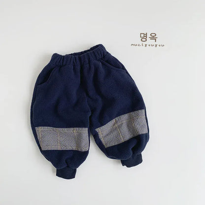 ロングパンツ・スウェットパンツ Navy Blue / 80cm 12M キッズパンツ チェックパッチ裏フリースロングスウェットパンツ【mh0008394】