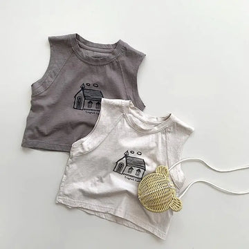 タンクトップ・キャミソール・ノースリーブトップス キッズトップス ノースリーブTシャツ タンクトップ ハウス家プリント 2カラー【mh0006324】