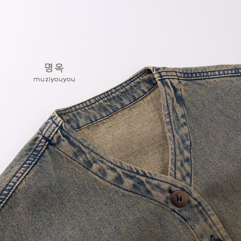 ショートコート・ジャケット・ジャンパー ヴィンテージ風Vネックデニムジャケット【mh0010868】