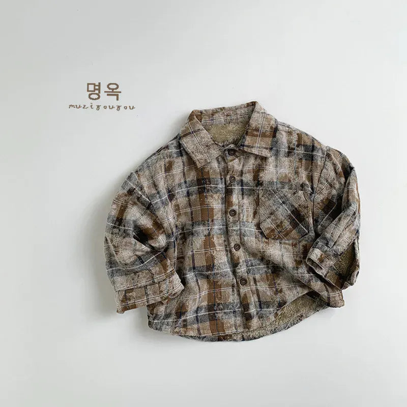 長袖シャツ・ブラウス Yellow Brown / 80cm 12M キッズトップス レトロチェック裏フリース長袖シャツ【mh0008393】