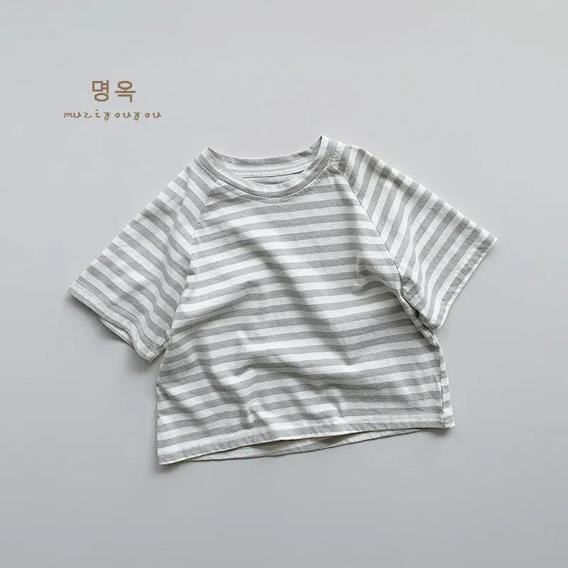 半袖Tシャツ Gray / 12M  80CM キッズトップス 半袖ボーダーTシャツ シンプルベーシック パステル 4カラー【mh0005520】