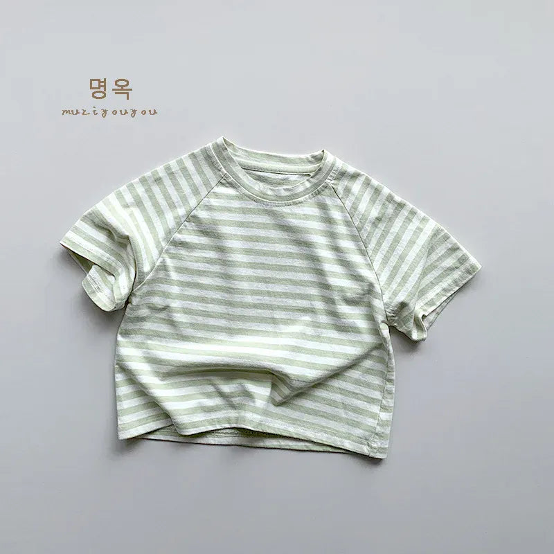 半袖Tシャツ Green / 12M  80CM キッズトップス 半袖ボーダーTシャツ シンプルベーシック パステル 4カラー【mh0005520】