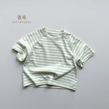半袖Tシャツ Green / 12M  80CM キッズトップス 半袖ボーダーTシャツ シンプルベーシック パステル 4カラー【mh0005520】