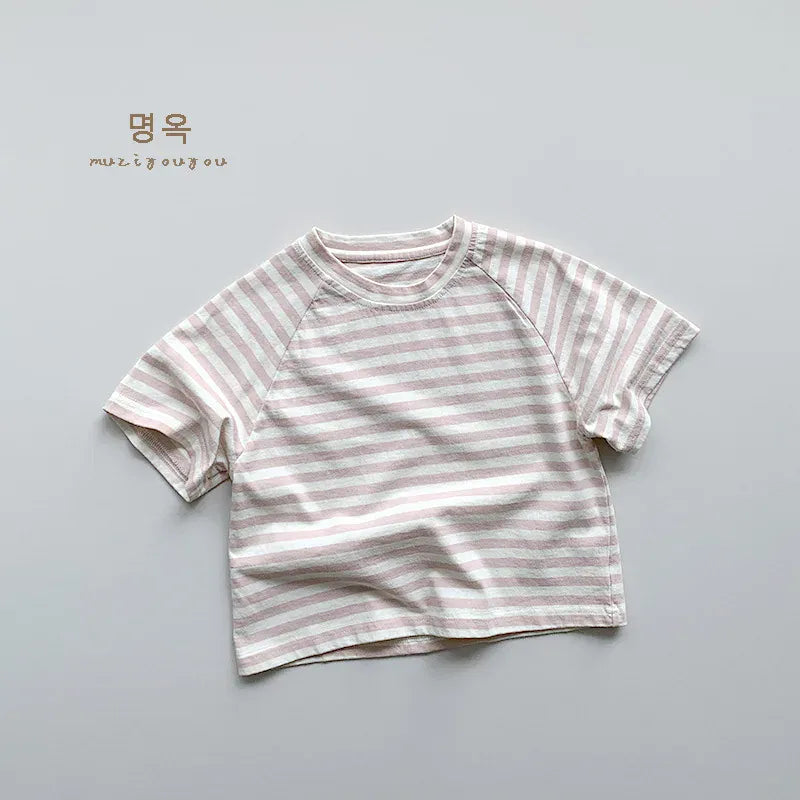 半袖Tシャツ Pink / 12M  80CM キッズトップス 半袖ボーダーTシャツ シンプルベーシック パステル 4カラー【mh0005520】