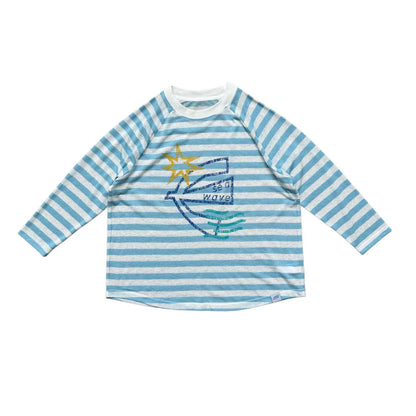 ボーダー長袖ラグランTシャツ（青×白）星とアンカー風のフロントプリント