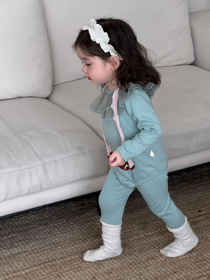 ロンパースセットアップ ベビーセットアップ 2点セット シフォンサークル襟長袖ロンパース+レギンスパンツ 3カラー【mh0007203】