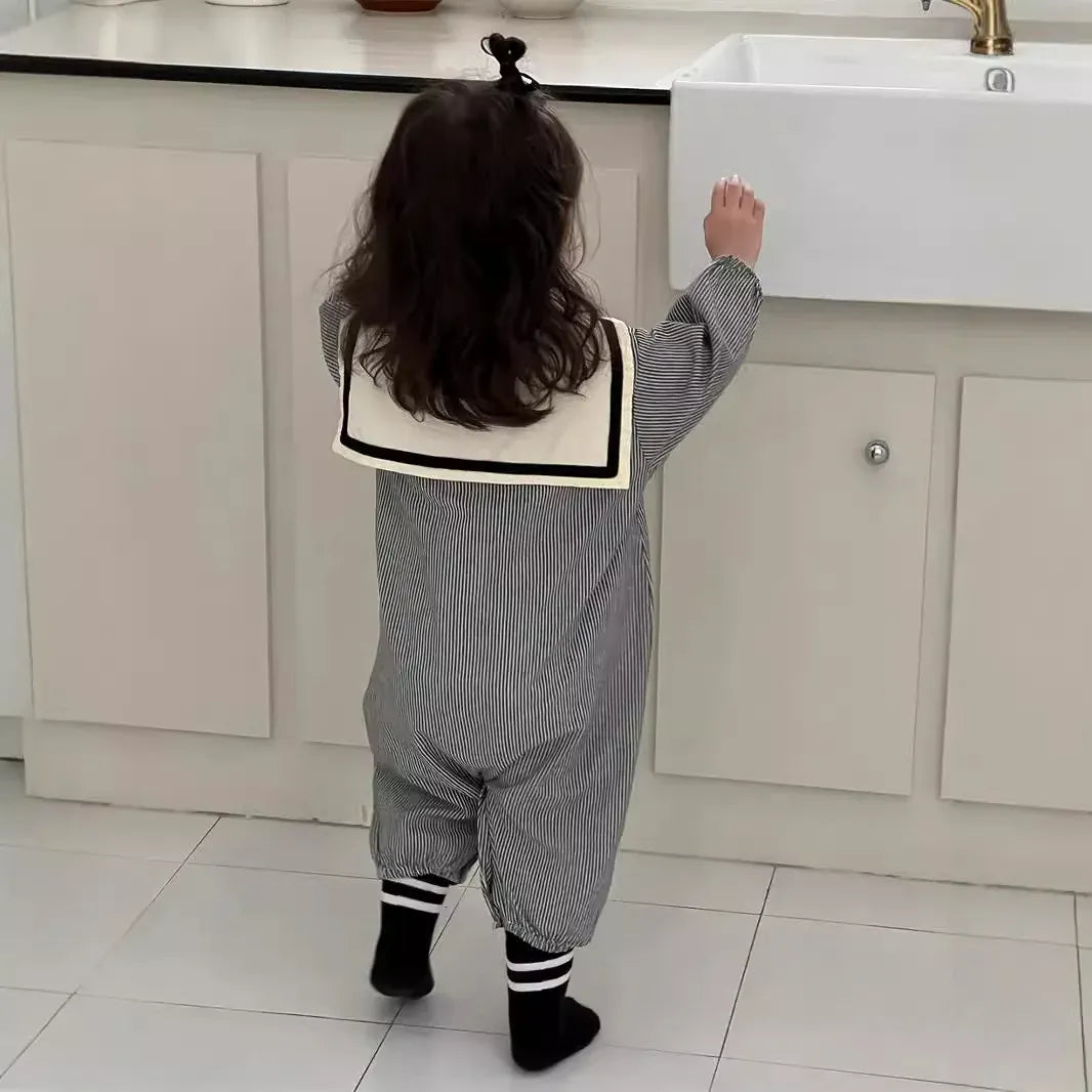 長袖ジャンプスーツ ベビージャンプスーツ セーラーカラーストライプ/無地長袖つなぎ 2カラー【mh0007324】