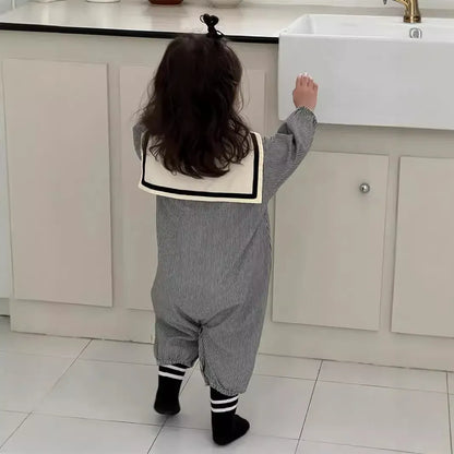 長袖ジャンプスーツ ベビージャンプスーツ セーラーカラーストライプ/無地長袖つなぎ 2カラー【mh0007324】