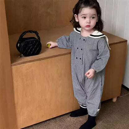長袖ジャンプスーツ ベビージャンプスーツ セーラーカラーストライプ/無地長袖つなぎ 2カラー【mh0007324】