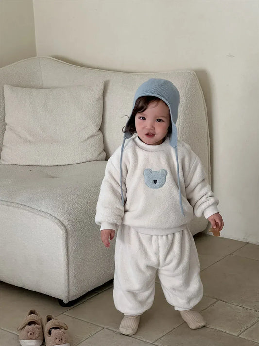 長袖セットアップ ベビーセットアップ 2点セット ベアくまアップリケボアフリース長袖プルオーバー+ロングパンツ【mh0007815】