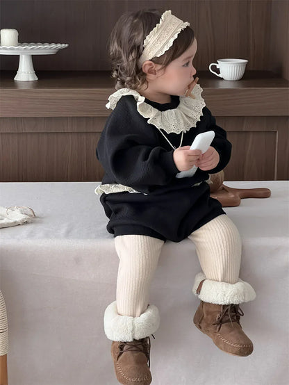 長袖セットアップ ベビーセットアップ 2点セット 裏フリースレースラッフル襟長袖プルオーバー+バルーンショートパンツ【mh0007829】