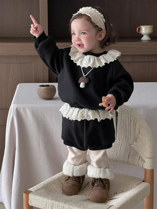 長袖セットアップ ベビーセットアップ 2点セット 裏フリースレースラッフル襟長袖プルオーバー+バルーンショートパンツ【mh0007829】