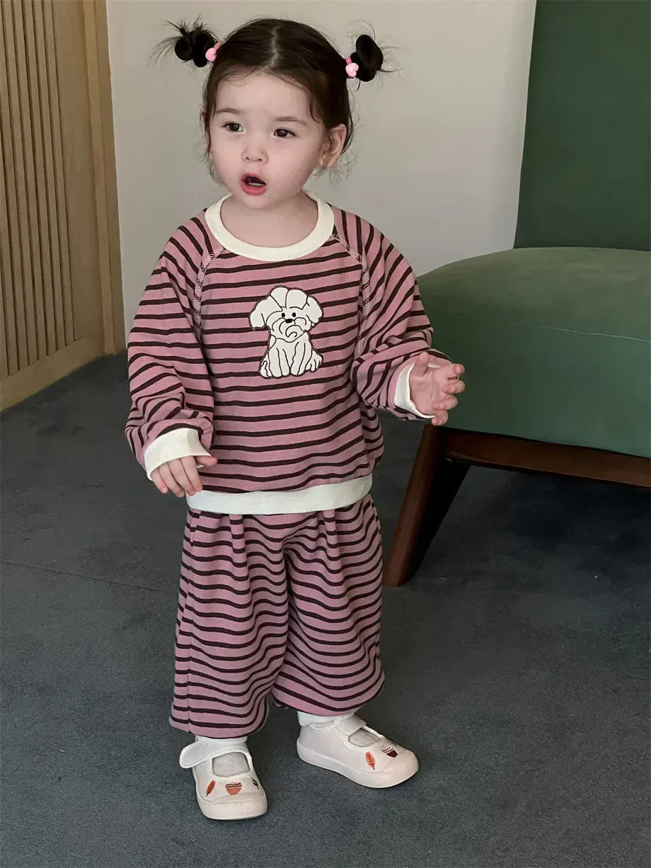 長袖セットアップ ベビーセットアップ 2点セット 犬ドッグアップリケボーダー長袖スウェットシャツ+ロングスウェットパンツ【mh0008122】