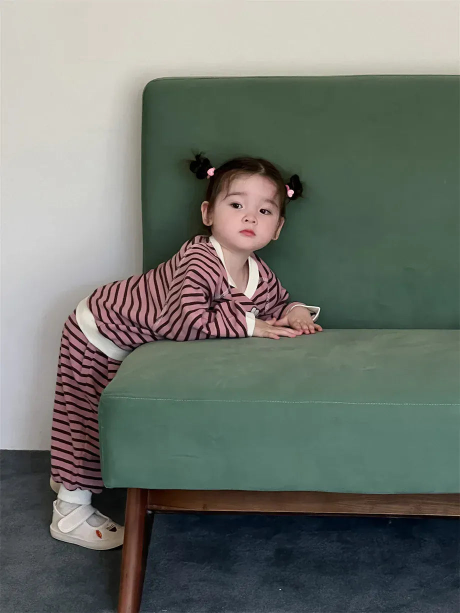 長袖セットアップ ベビーセットアップ 2点セット 犬ドッグアップリケボーダー長袖スウェットシャツ+ロングスウェットパンツ【mh0008122】