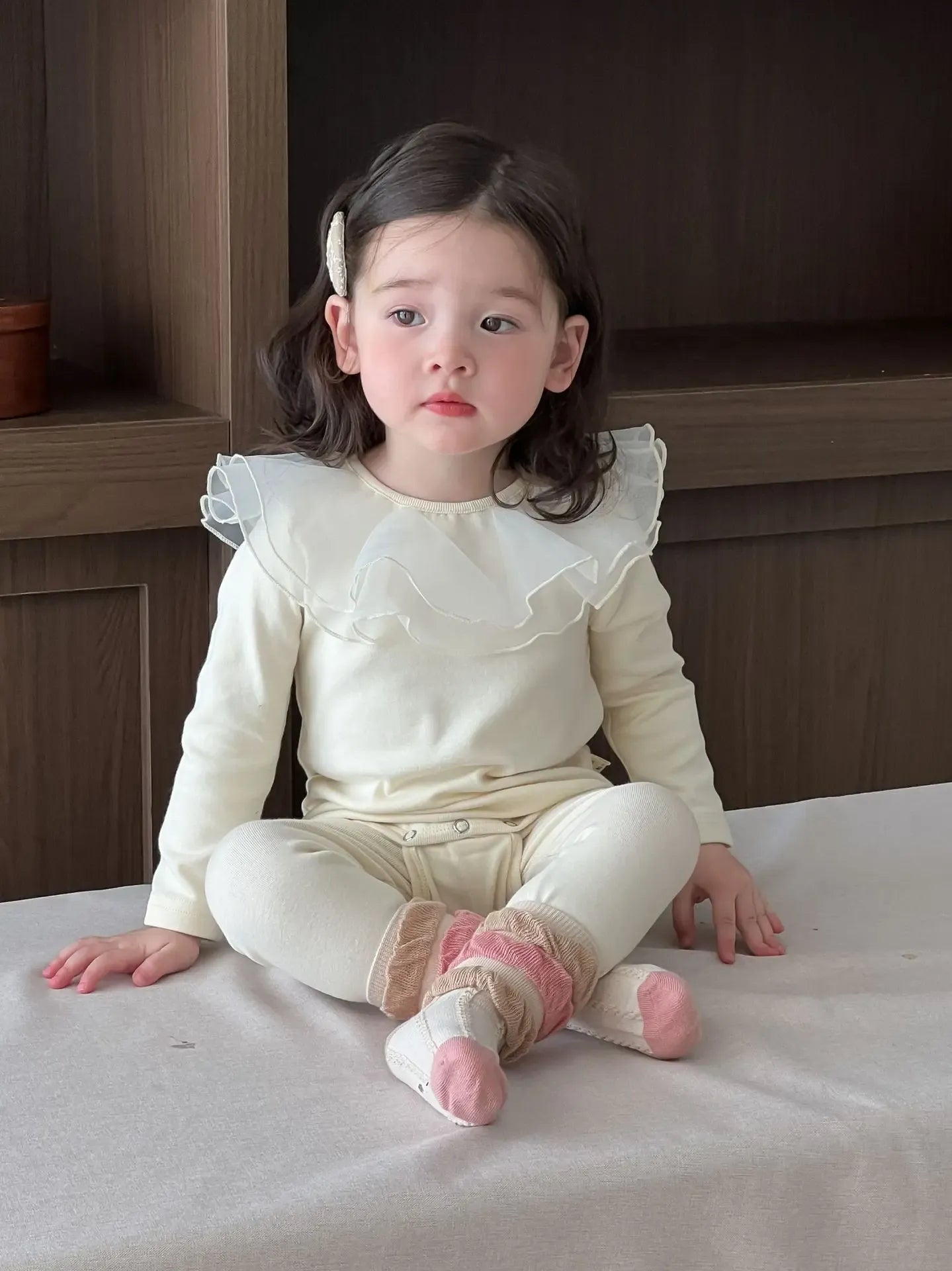 ロンパースセットアップ ベビーセットアップ 2点セット ラッフルフリル襟長袖ロンパース+レギンスパンツ【mh0008349】