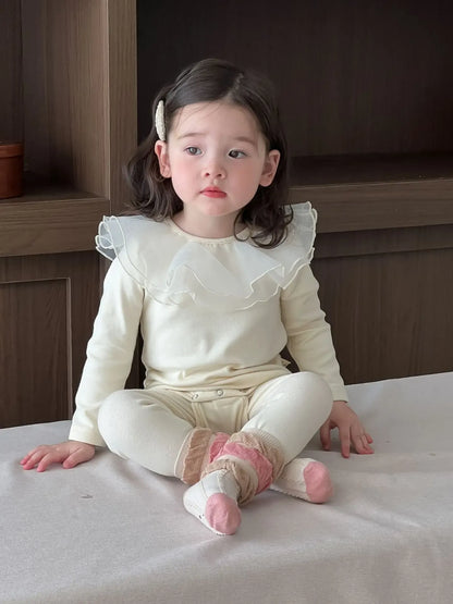 ロンパースセットアップ ベビーセットアップ 2点セット ラッフルフリル襟長袖ロンパース+レギンスパンツ【mh0008349】