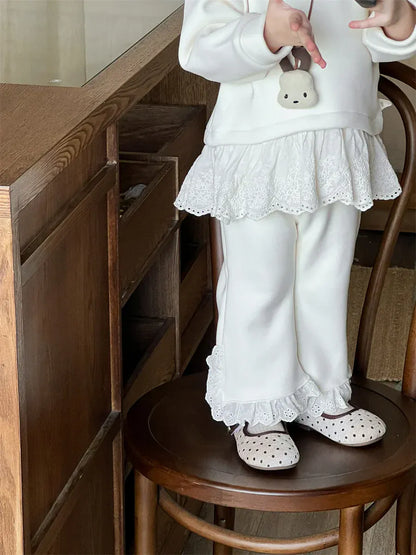 長袖セットアップ ベビーキッズセットアップ 2点セット レースペプラム裏フリース長袖スウェットシャツ+裾レースロングパンツ【mh0008372】