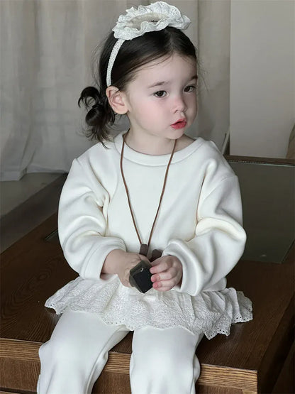 長袖セットアップ ベビーキッズセットアップ 2点セット レースペプラム裏フリース長袖スウェットシャツ+裾レースロングパンツ【mh0008372】