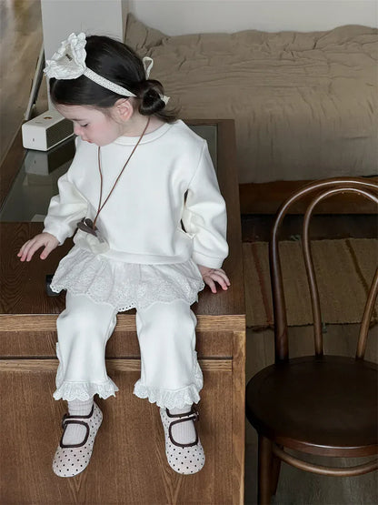 長袖セットアップ ベビーキッズセットアップ 2点セット レースペプラム裏フリース長袖スウェットシャツ+裾レースロングパンツ【mh0008372】