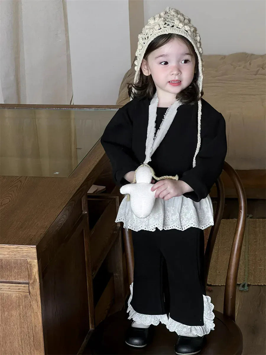 長袖セットアップ ベビーキッズセットアップ 2点セット レースペプラム裏フリース長袖スウェットシャツ+裾レースロングパンツ【mh0008372】