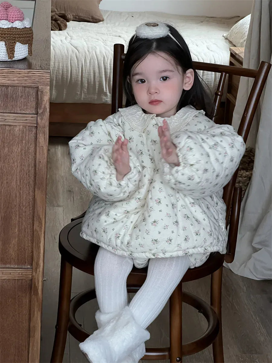 長袖セットアップ ベビーキッズセットアップ 2点セット フラワープリントキルティング防寒長袖チュニックトップス+ブルマパンツ【mh0008427】