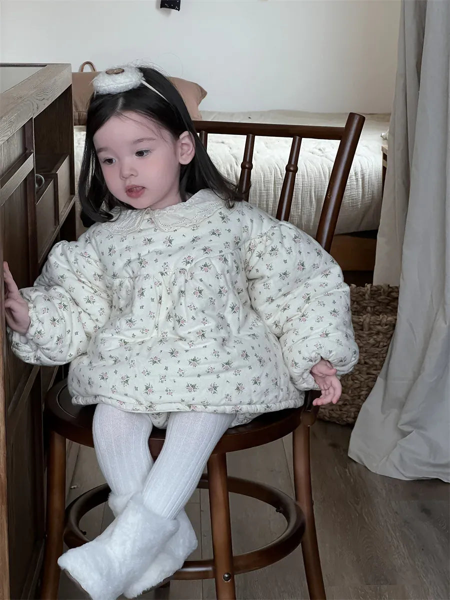 長袖セットアップ ベビーキッズセットアップ 2点セット フラワープリントキルティング防寒長袖チュニックトップス+ブルマパンツ【mh0008427】