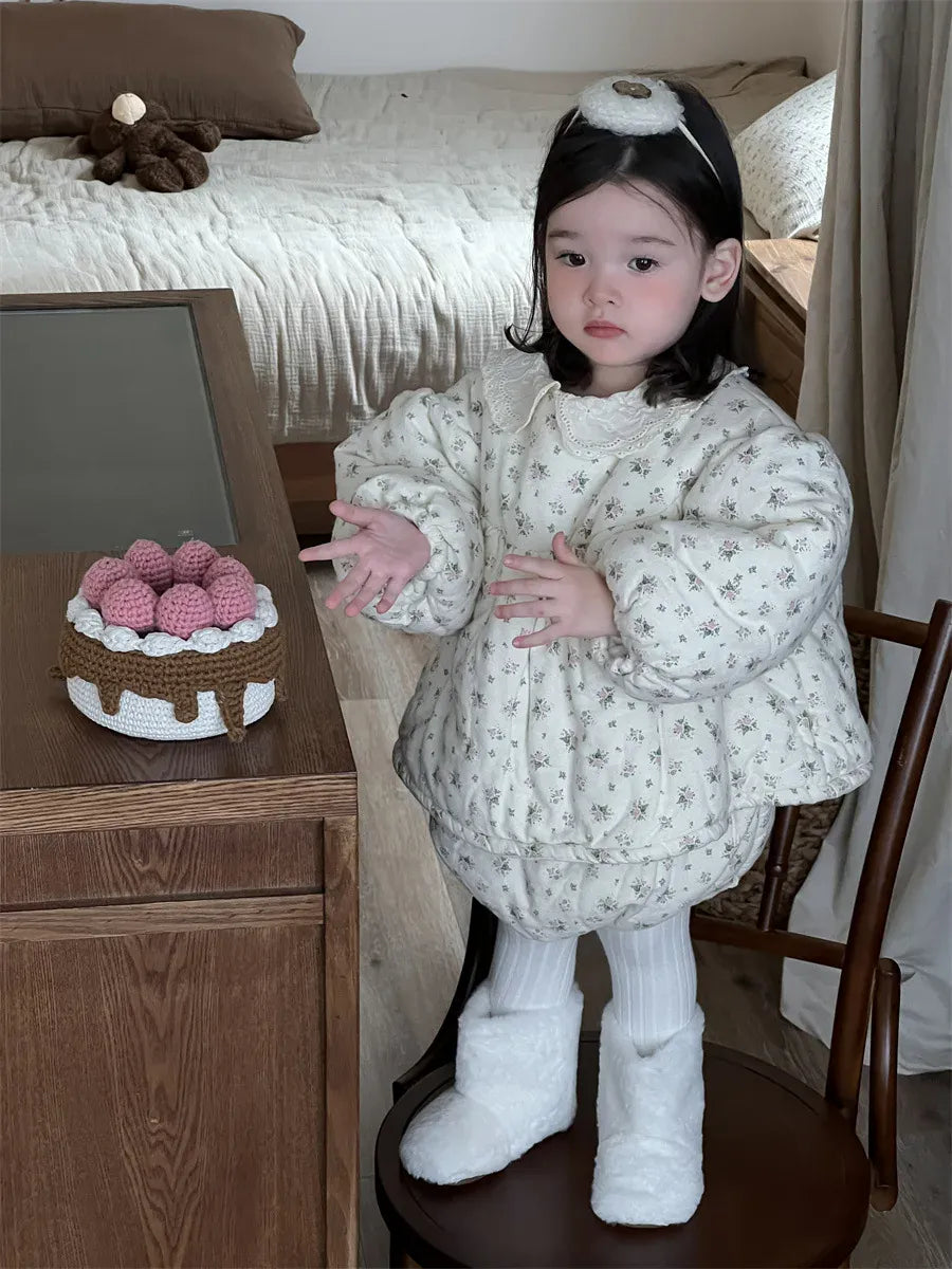 長袖セットアップ ベビーキッズセットアップ 2点セット フラワープリントキルティング防寒長袖チュニックトップス+ブルマパンツ【mh0008427】